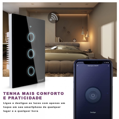 Interruptor Inteligente Smart Wifi Touch 3 Botões Bivolt 4X2 Preto Android/iOS Alexa/Google - Ekaza