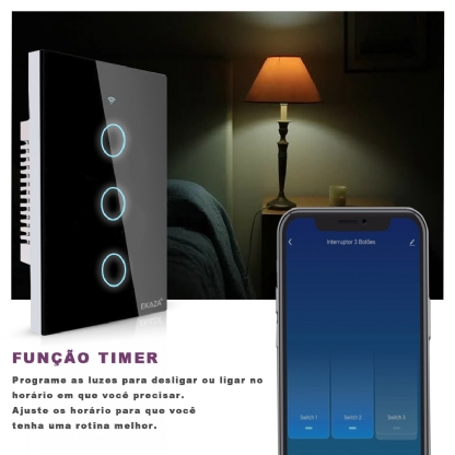 Interruptor Inteligente Smart Wifi Touch 3 Botões Bivolt 4X2 Preto Android/iOS Alexa/Google - Ekaza