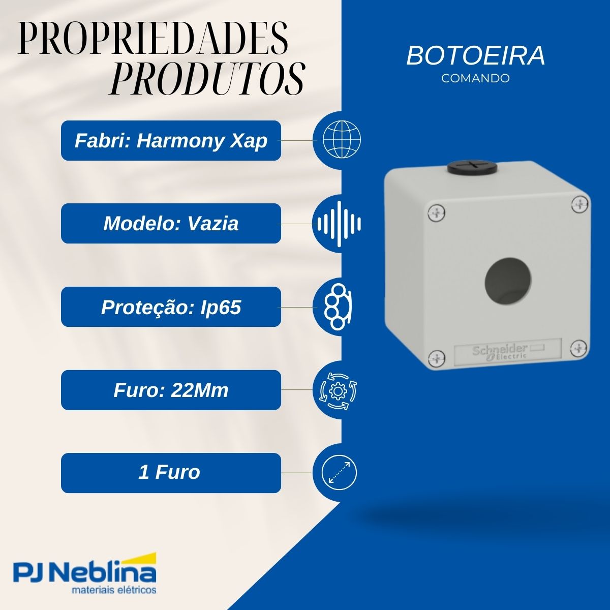 Botoeira Comando Vazia 1 Furo 22Mm Zinco Cinza Ip65/Ip66/Ip69 - Schneider