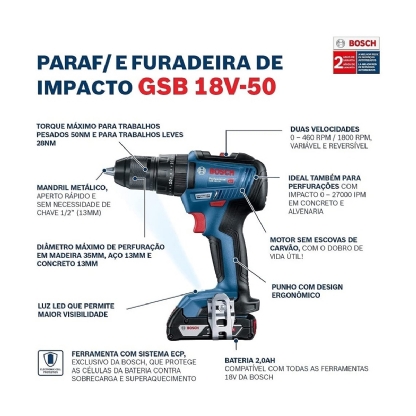 Parafusadeira E Furadeira Impacto 1/2 GSB 18V-50 13Mm Bateria 18V Com Maleta E 2 Baterias - Bosch