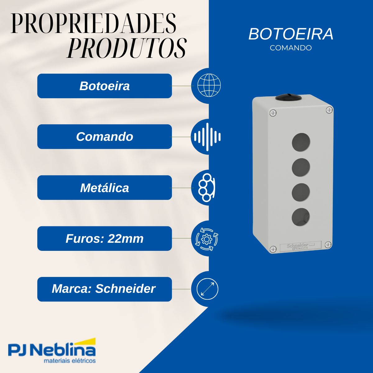 Botoeira Comando Metálica 4 Furos 175X80X77Mm 22Mm Cinza Ip65/Ip66/Ip69 - Schneider