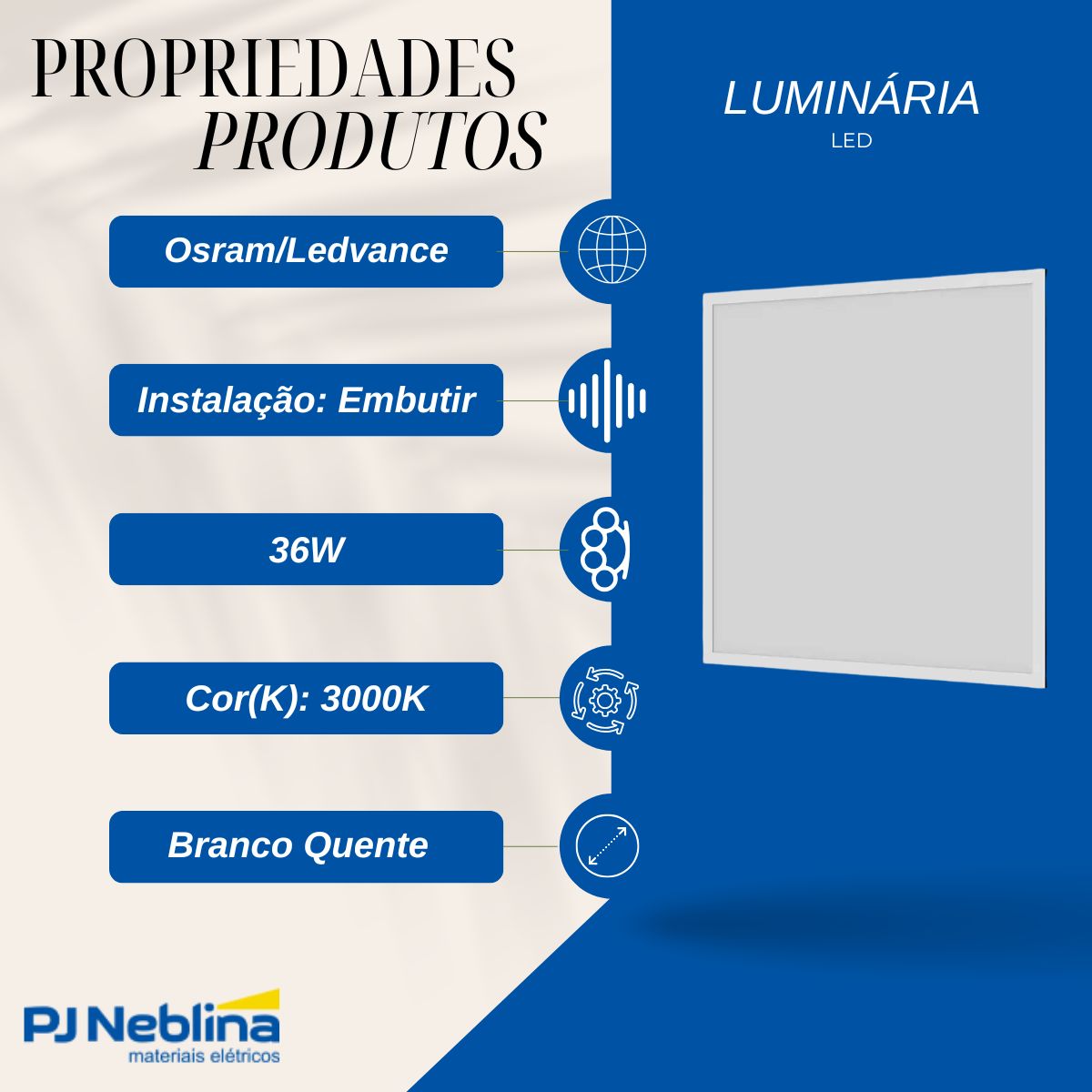Luminária Painel Led Embutir Quadrado Branco 36W Bivolt 3000K Branco Quente 4000Lm Dif Poliestireno - Ledvance