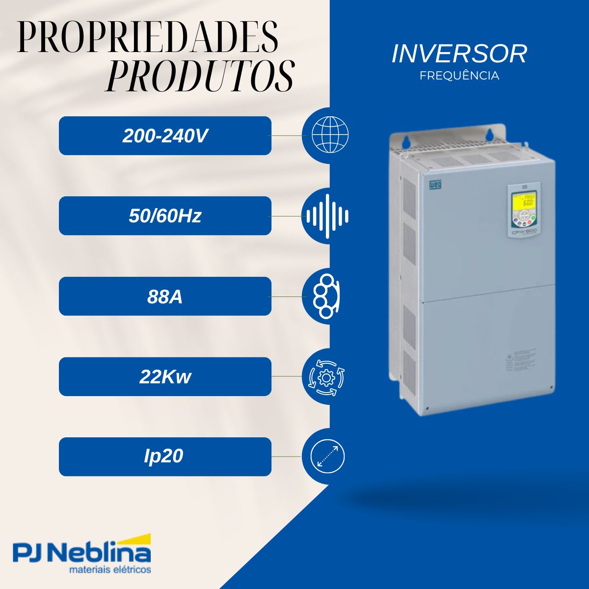 Inversor Frequência Trifásico 200-240V 50/60Hz 88A 22Kw - Weg