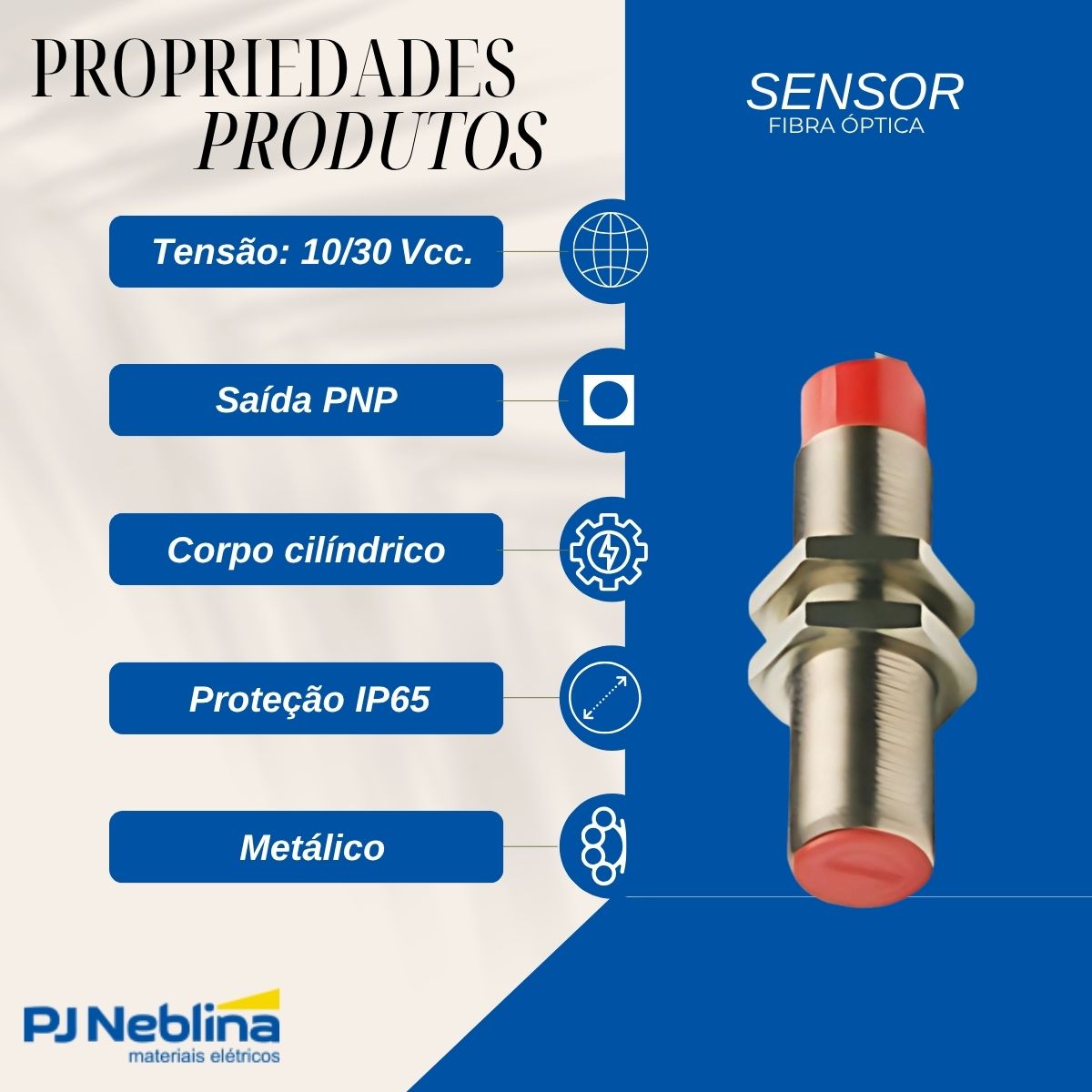 Sensor Fibra Óptica Barreira 10-30Vcc Pnp Conector IP65 Cilíndrico Roscado Metálico 12366251 Weg