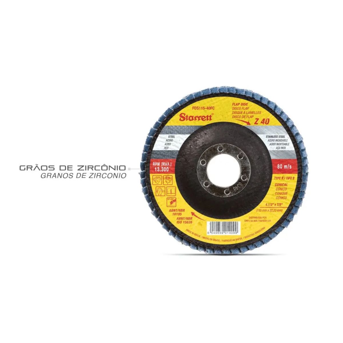Disco Flap 4.1/2 (115Mm) Furo 7/8 (22,23Mm) Gr. 40 Fibra Vidro Cônico Tipo B FDS115-40FC Starrett