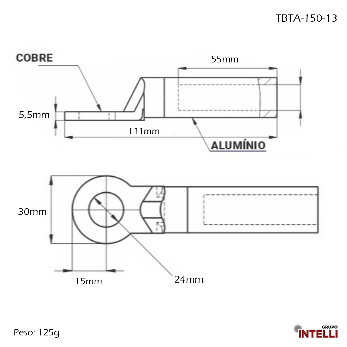 Terminal Compressão Cabo/Barramento 150Mm 1 Furo F=12,8Mm 107570 Intelli