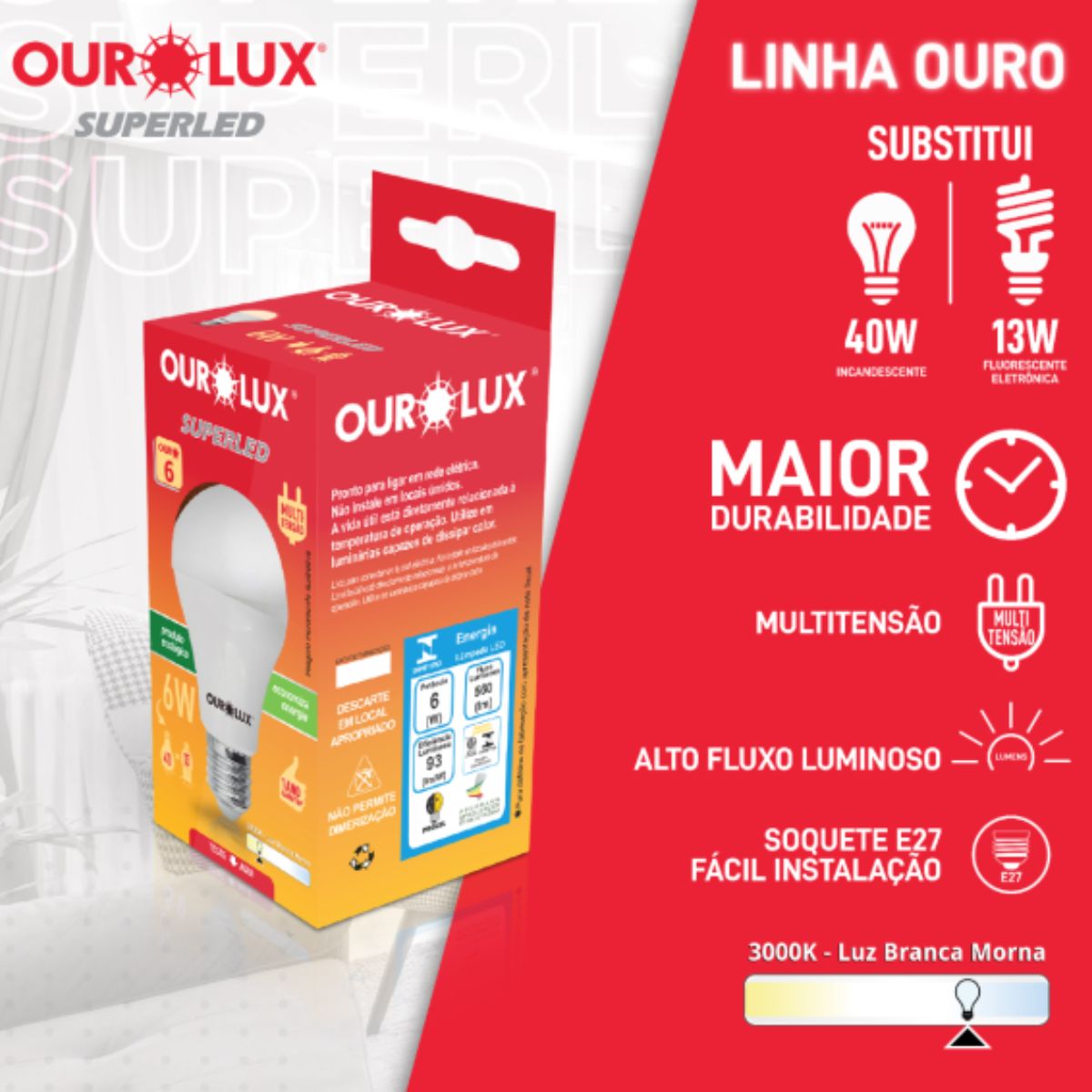 Lâmpada Led Bulbo A55 6W Bivolt 3000K Luz Amarela 560Lm Superled - Ourolux