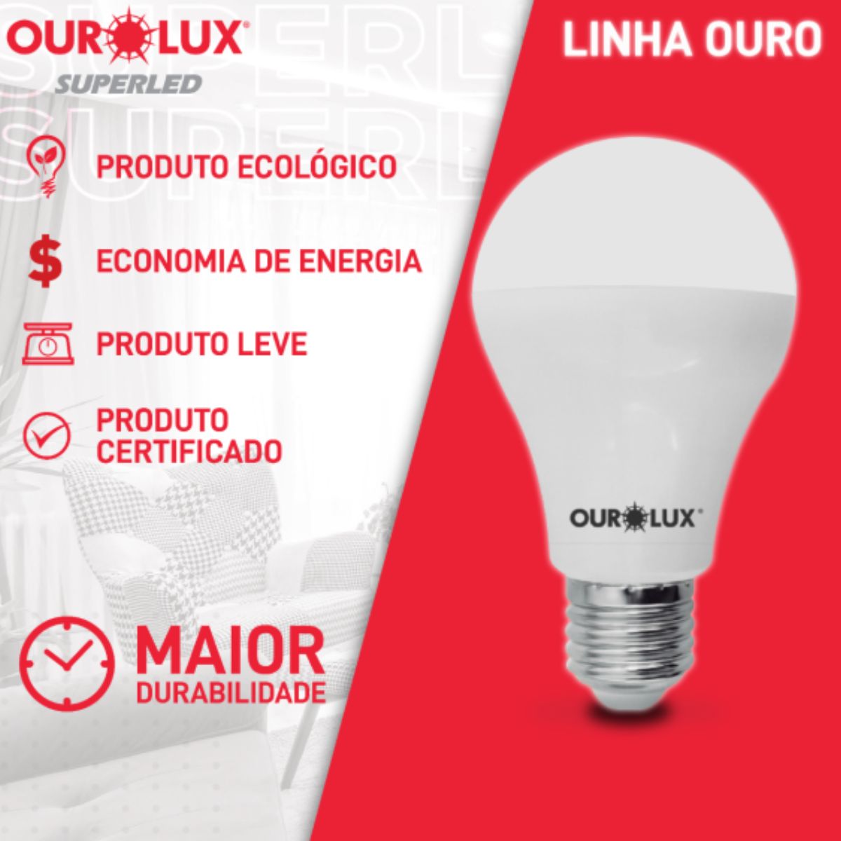 Lâmpada Led Bulbo A55 6W Bivolt 3000K Luz Amarela 560Lm Superled - Ourolux