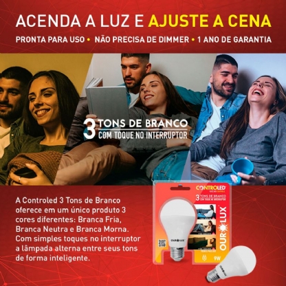 Lâmpada Led Inteligente Smart Controled 3 Tons Branco 9W Bivolt E27 2700K-6500K - Ourolux