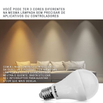 Lâmpada Led Inteligente Smart Controled 3 Tons Branco 9W Bivolt E27 2700K-6500K - Ourolux