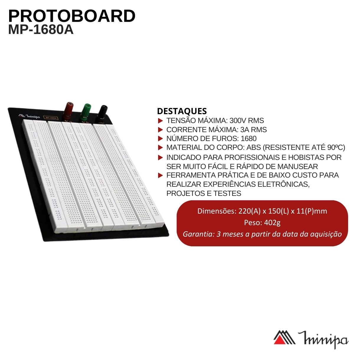 Placa Protoboard com 1680 Furos - Minipa