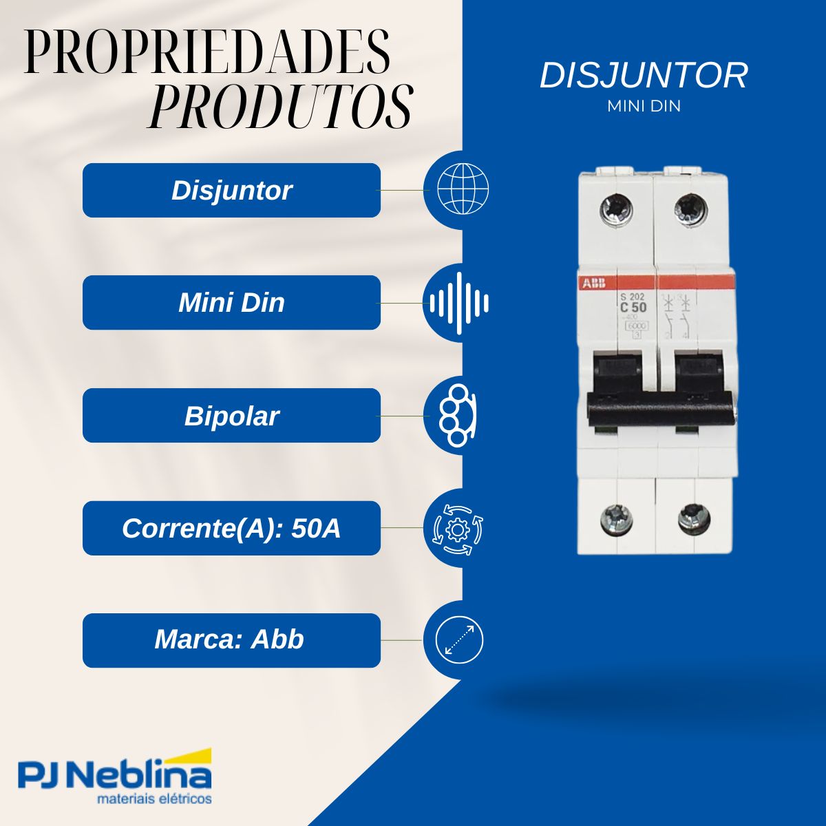 Disjuntor Mini Din Bipolar 50A Curva C 20Ka 230V - Abb