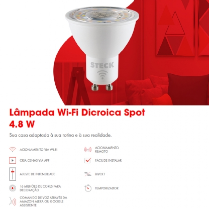 Lâmpada Led Inteligente Smart Wifi Dicróica 4,8W Bivolt Gu10  2700K-6500K RGBW Wifi - Smarteck
