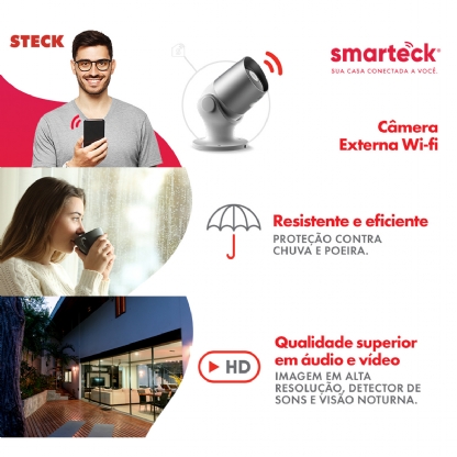 Câmera Externa Inteligente Smart Wifi Bivolt 5V 1A IP65 Lente 4,0mm F2.0 Branco - Smarteck