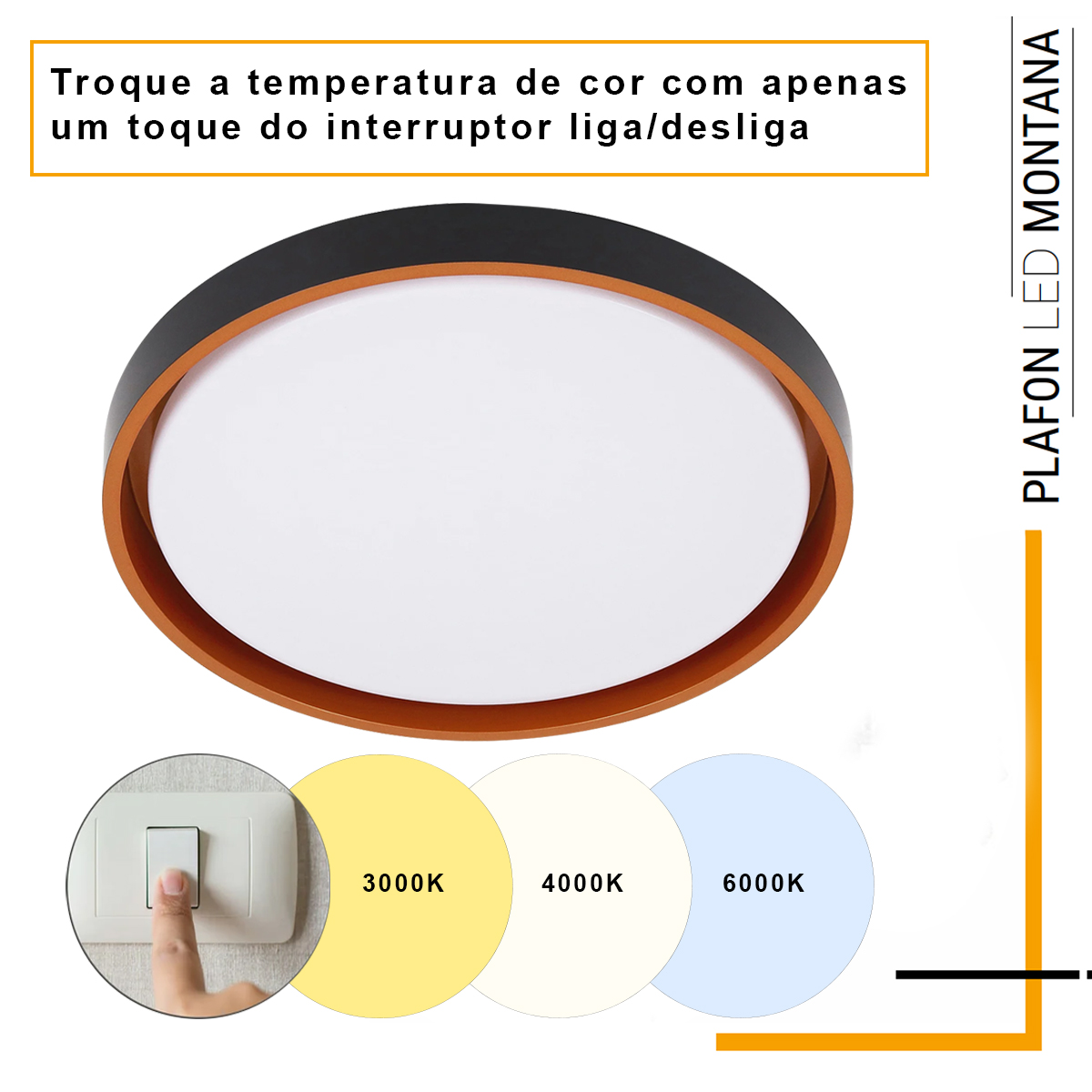 Luminária Plafon Led Sobrepor Montana Preto 24/48W Bivolt Luz Amarela/Neutra/Branca 3000/4000/6000K - Hevvy