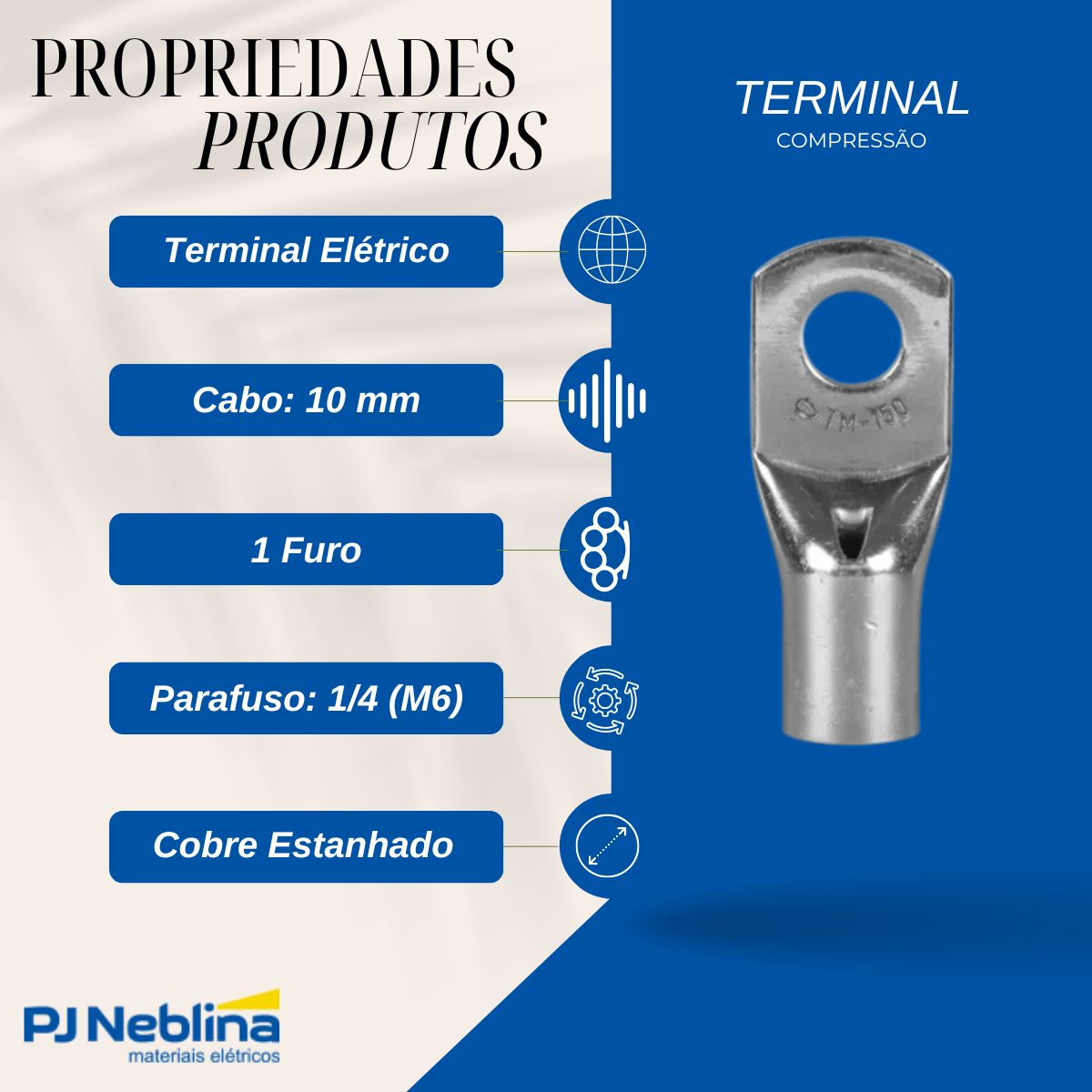 Terminal Compressao 10mm 1 Compr 1 Furo F=6,5mm 1/4 (m6)