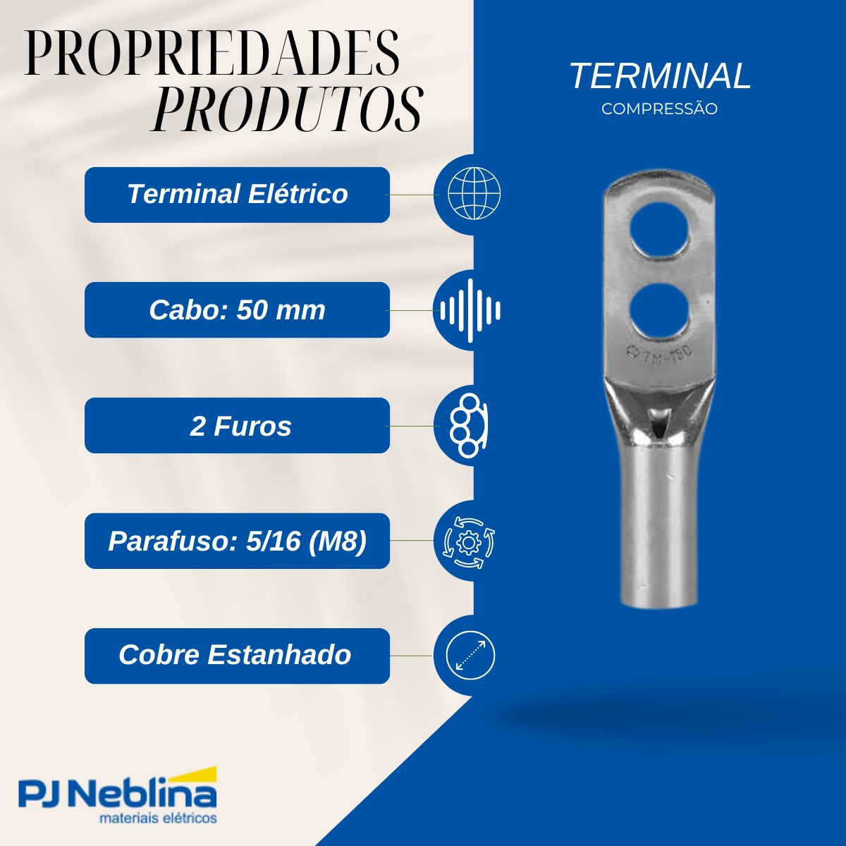 Terminal Compressao 50mm 2 Compr 2 Furos F=8,5mm 5/16 (m8)