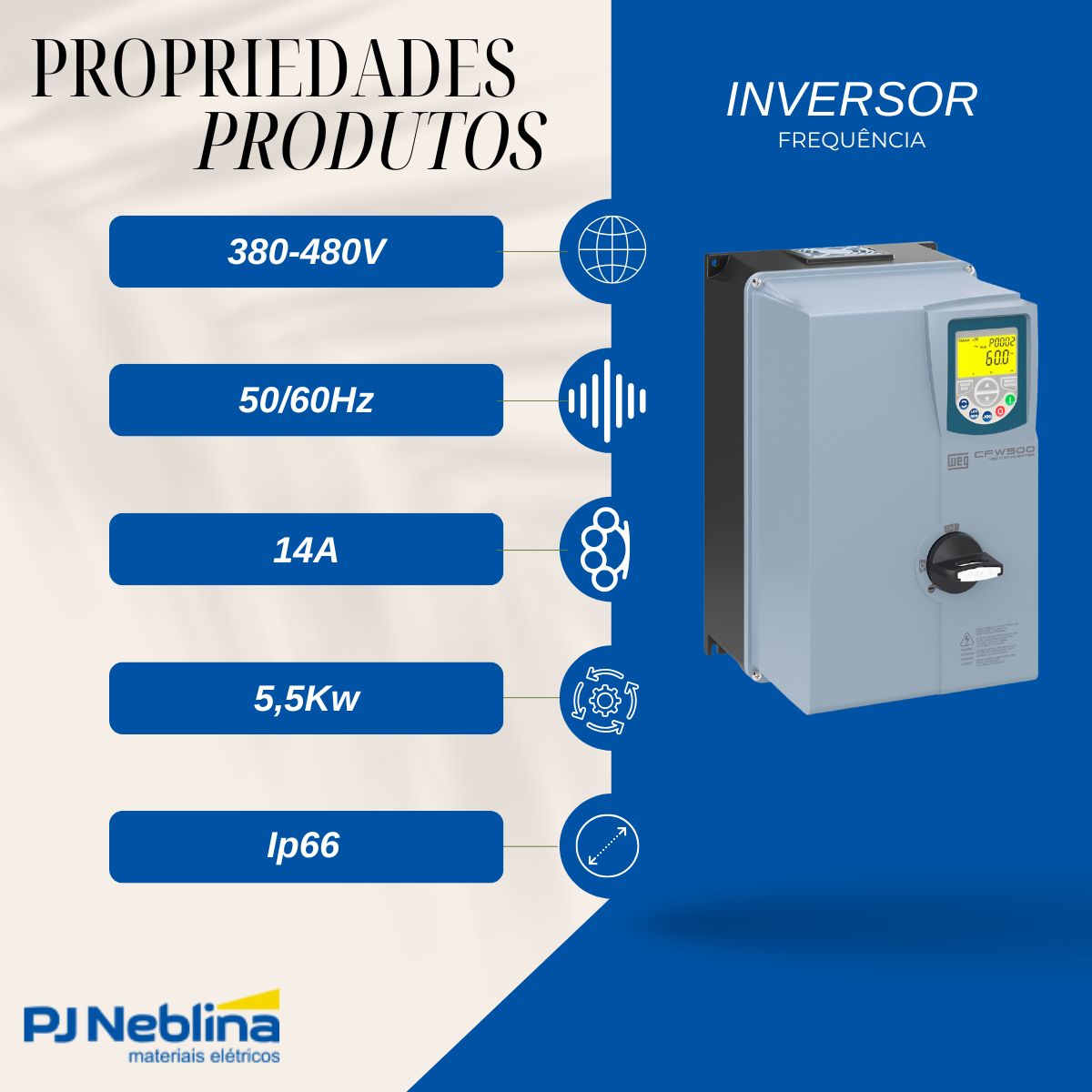 Inversor Frequência Trifásico 380-480V 50/60Hz 14A 5,5Kw - Weg
