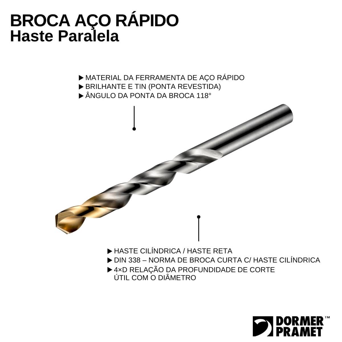 Broca Aço Rápido (HSS) Hp Din 338 Para Metal 13,80Mm 160Mm Brilhante/Tin Auto Centrante Dormer