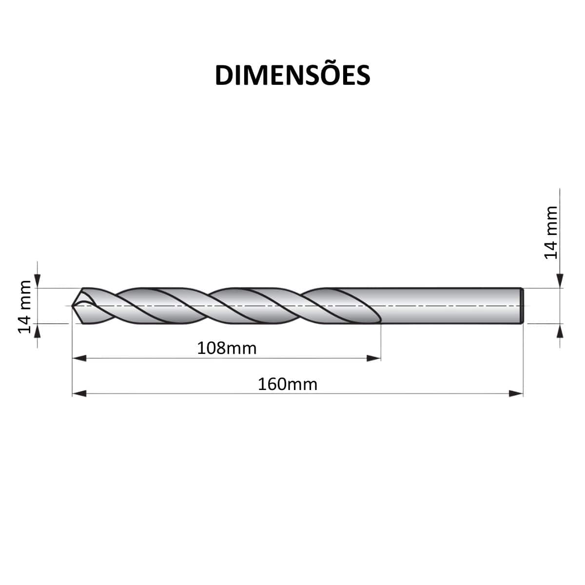 Broca Aço Rápido (HSS) HP Din 338 Para Metal 14,00Mm 160Mm Brilhante/Tin Auto Centrante Dormer