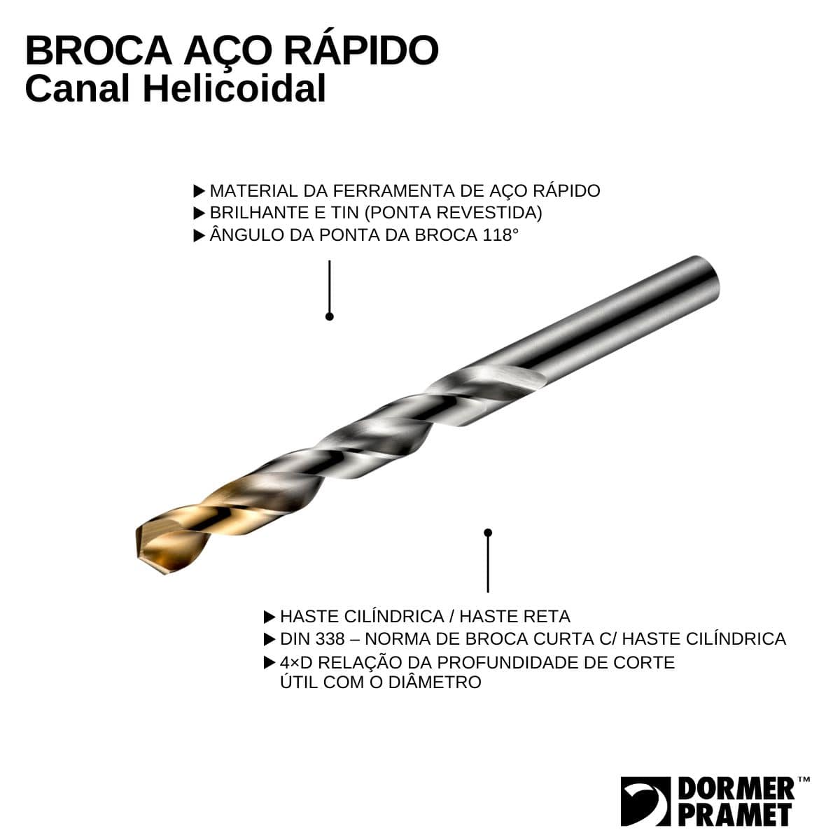 Broca Aço Rápido (HSS) HP Din 338 Para Metal 14,00Mm 160Mm Brilhante/Tin Auto Centrante Dormer
