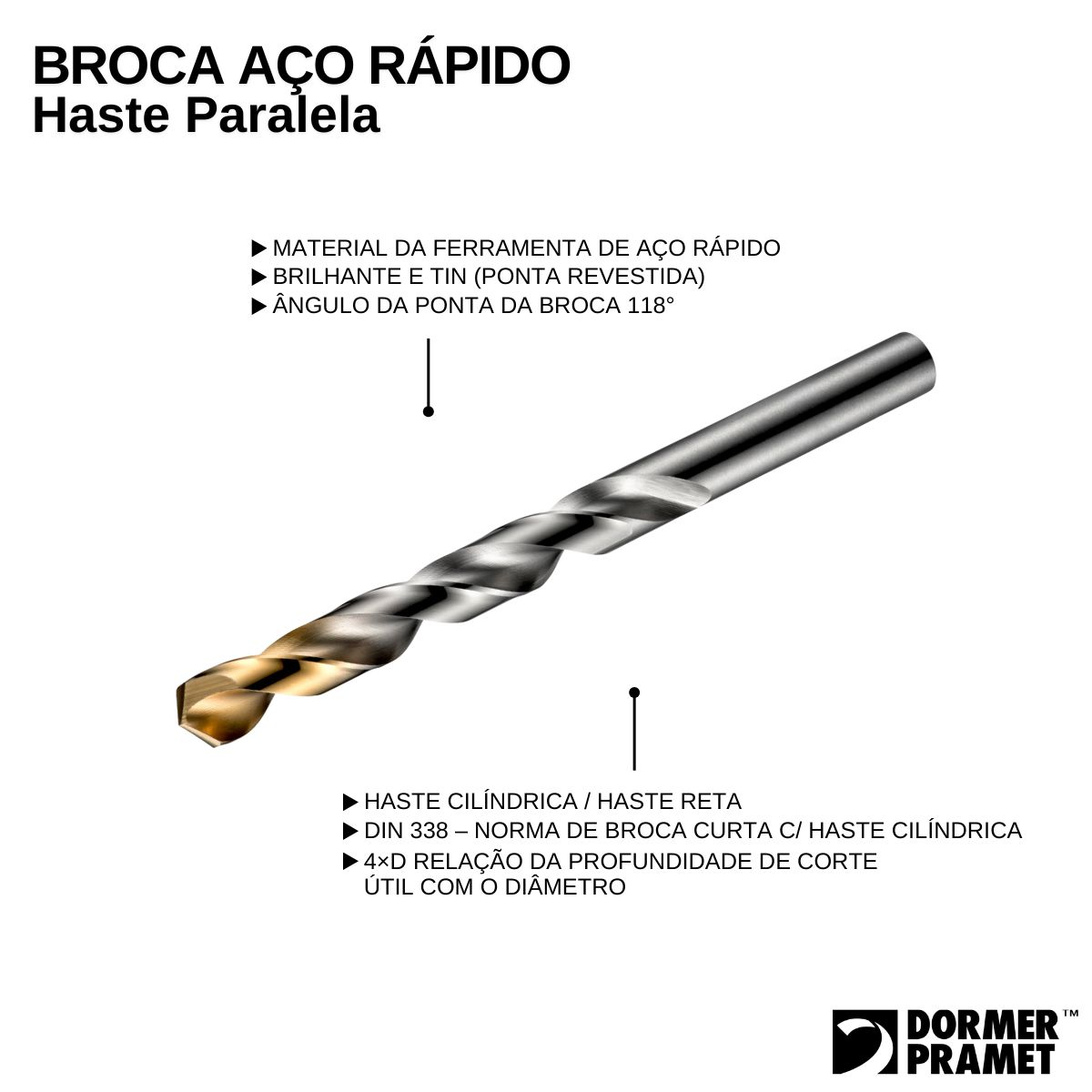 Broca Aço Rápido (Hss) Hp Din 338 Para Metal 16,00Mm 178Mm Brilhante/Tin Auto Centrante Dormer