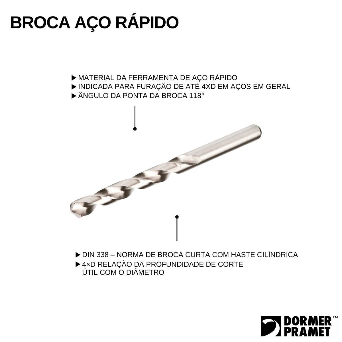 Broca Aço Rápido (Hss) Hp Din 338 Para Metal 7/16 143Mm Brilhante A1547/16B Dormer