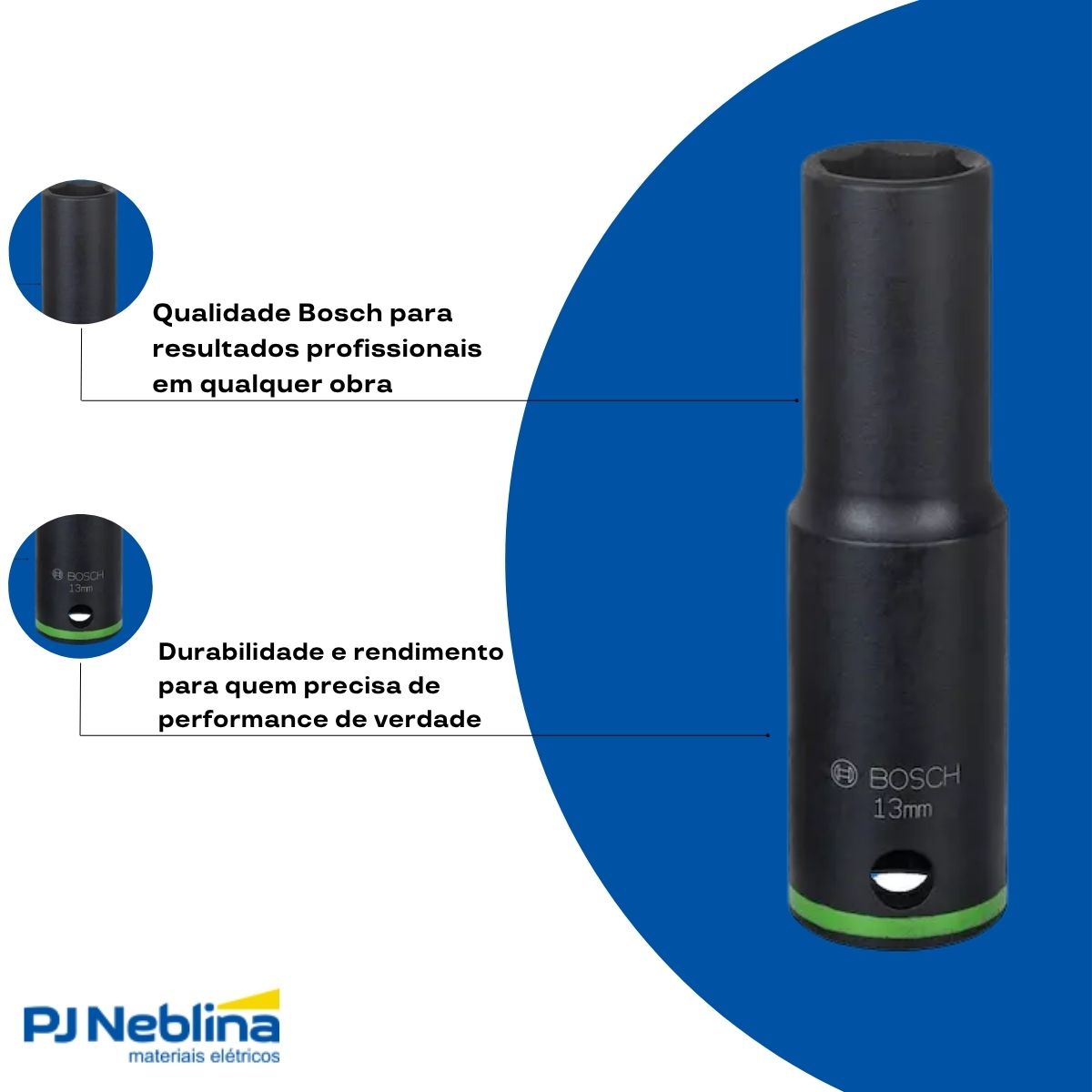 Soquete Sextavado Impacto Longo 13 mm Enc 1/2 - Bosch