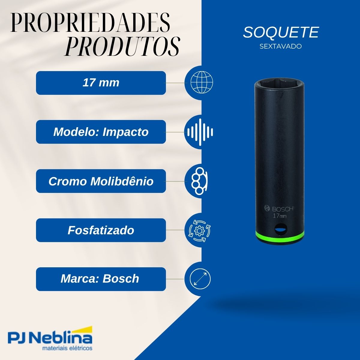 Soquete Sextavado Impacto Longo 17Mm Enc 1/2 - Bosch