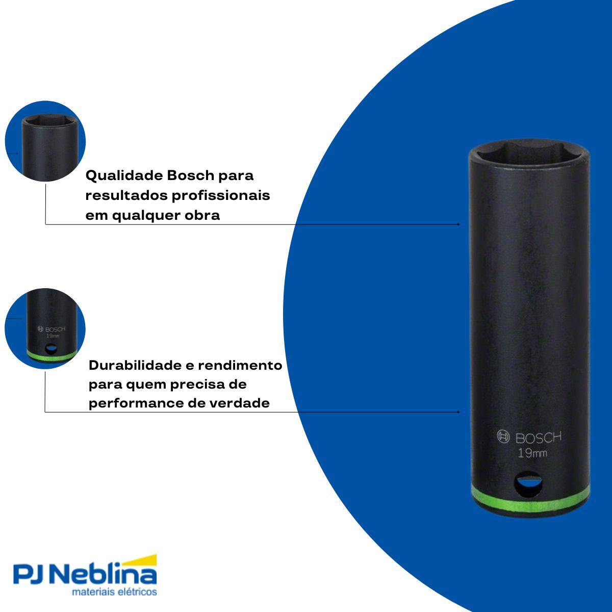 Soquete Sextavado Impacto Longo 19 mm Enc 1/2 - Bosch