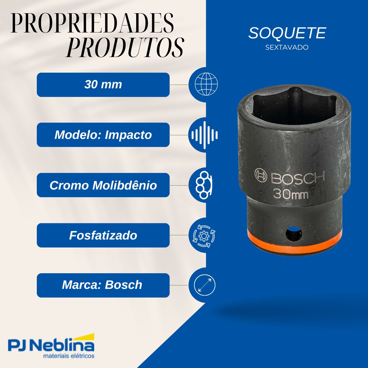 Soquete Sextavado Impacto 30 mm Enc 3/4 - Bosch