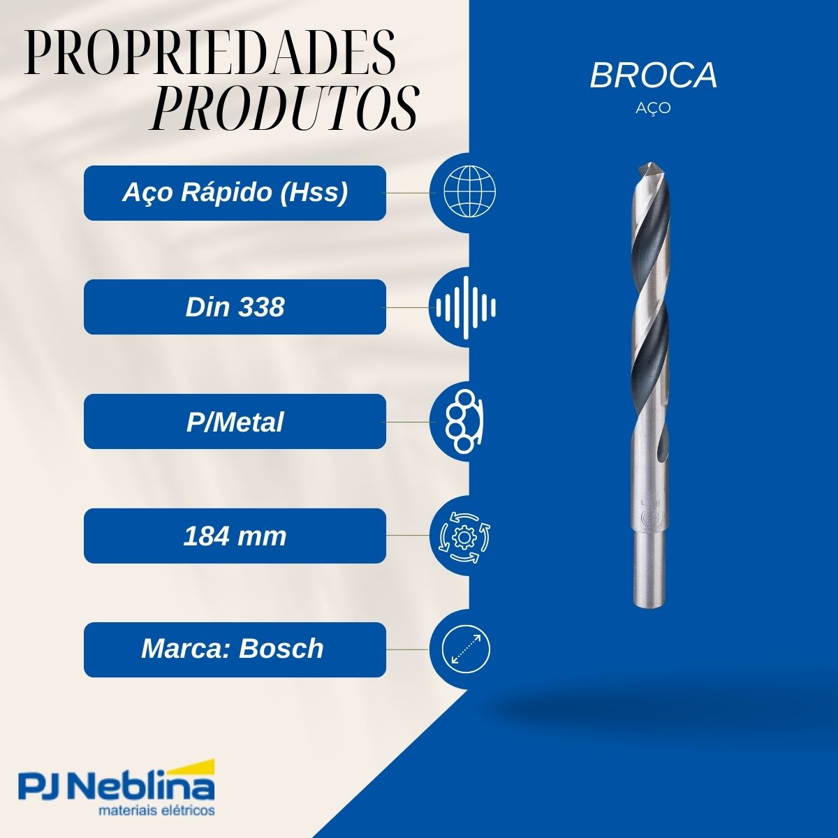 Broca Aço Rápido (Hss) Hp Din 338 P/Metal 16,50 mm 184 mm Brilhante - Bosch