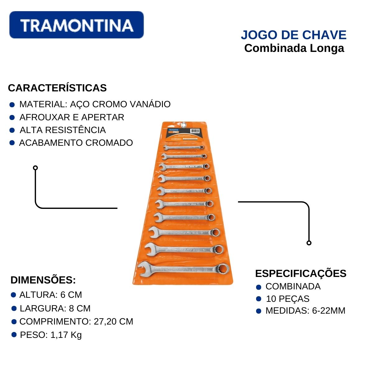 Jogo Chave Combinada Longa 10 Peças 6-22Mm 44660210 Tramontina