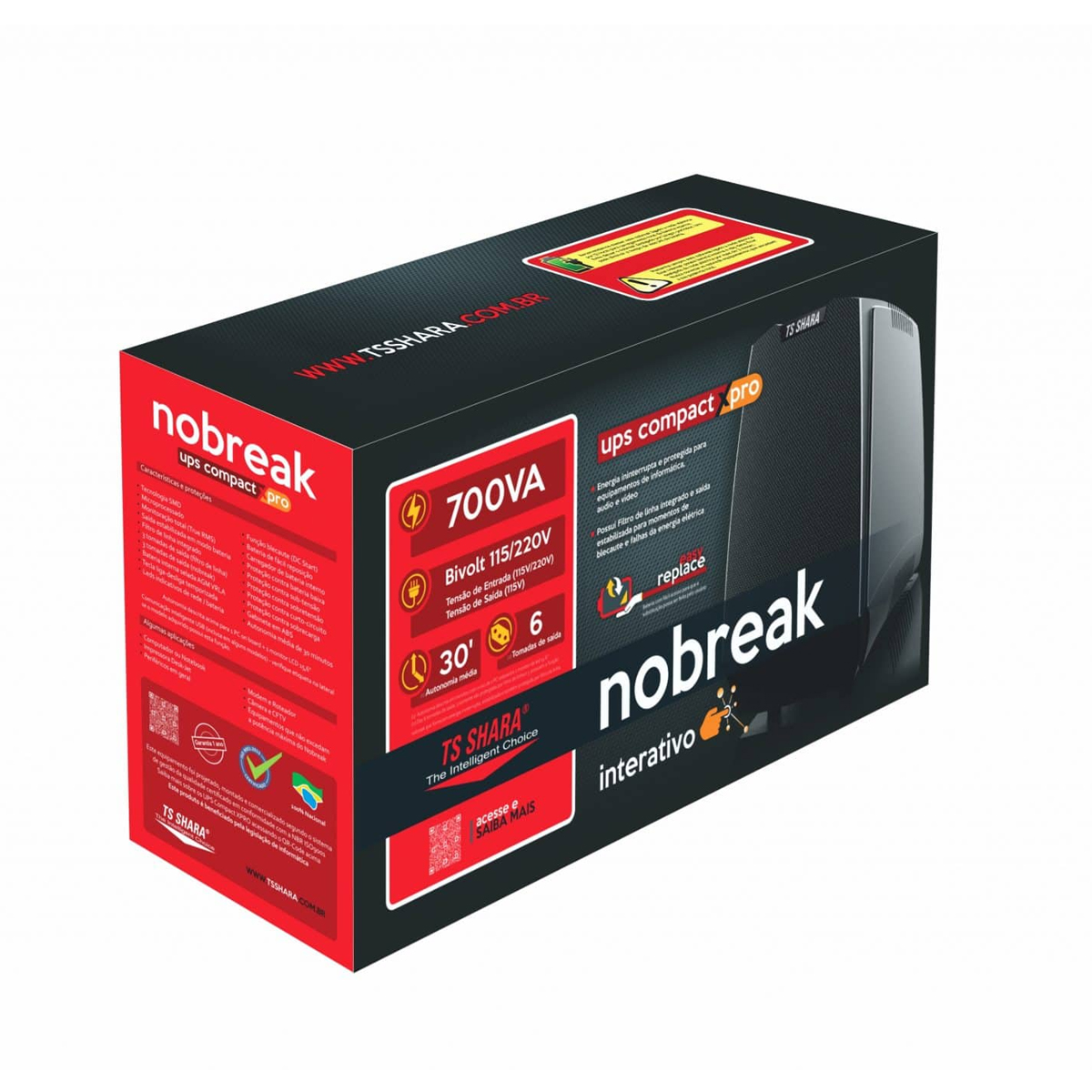 Nobreak Ups Compact Xpro 700Va 1Bs Bivolt 6 Tomadas Saida 115V 7Ah 50/60Hz 4440 - Ts Shara