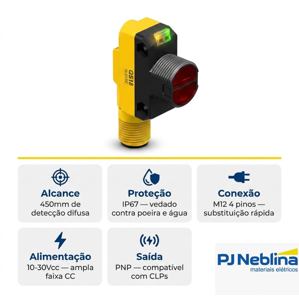 Sensor Fotoelétrico Difuso Sn=450Mm 49,5X31,1X14,1Mm Abs 10-30Vcc Conector M12 4 Pinos Pnp
