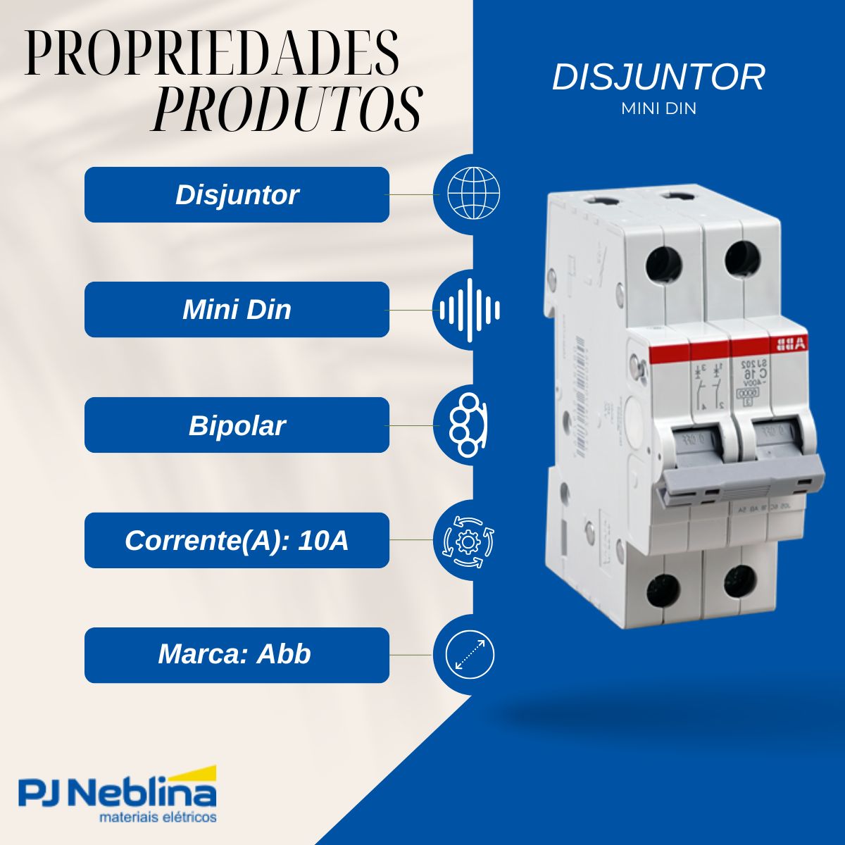 Disjuntor Mini Din Bipolar 10A Curva C 6Ka 400V - Abb