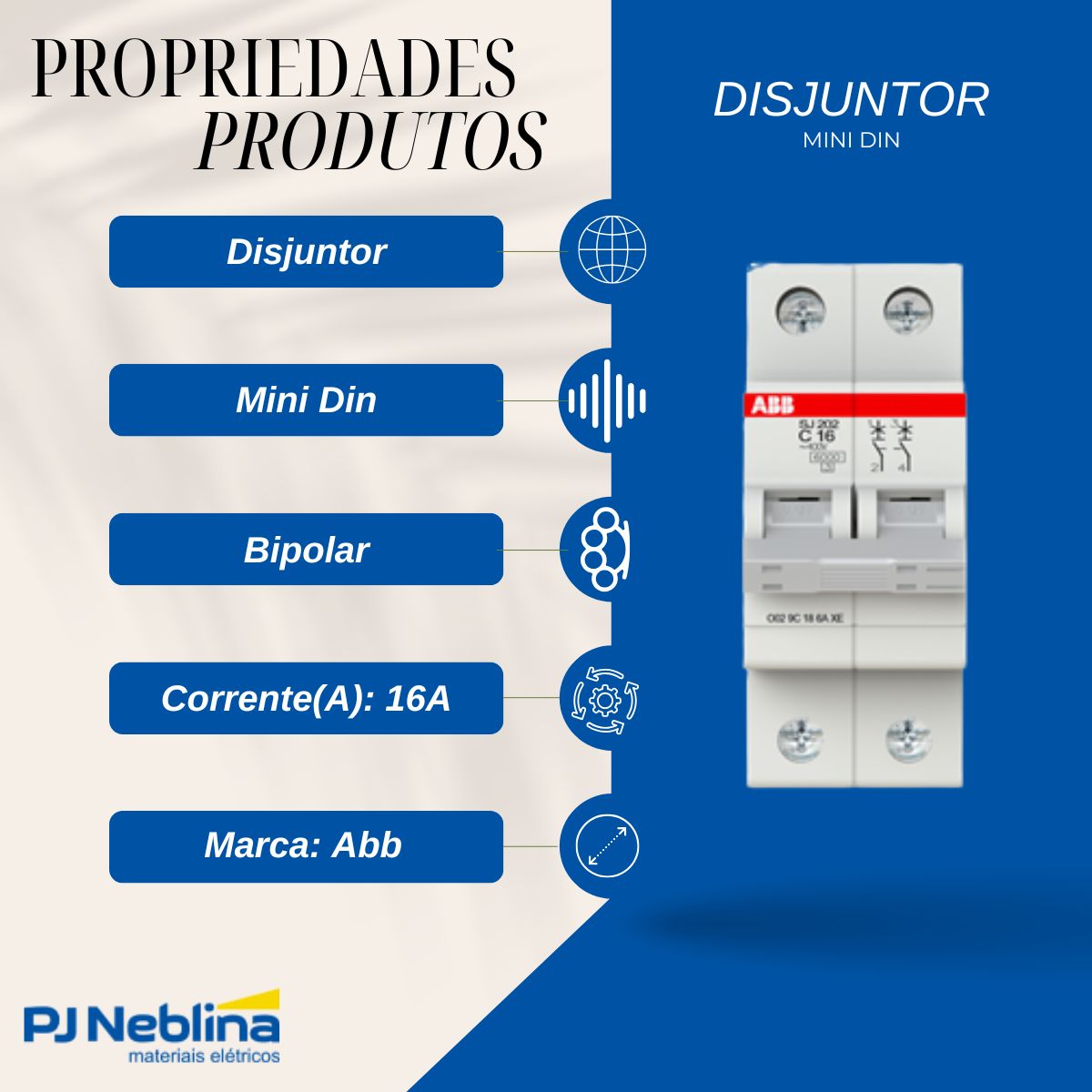 Disjuntor Mini Din Bipolar 16A Curva C 6Ka 400V - Abb