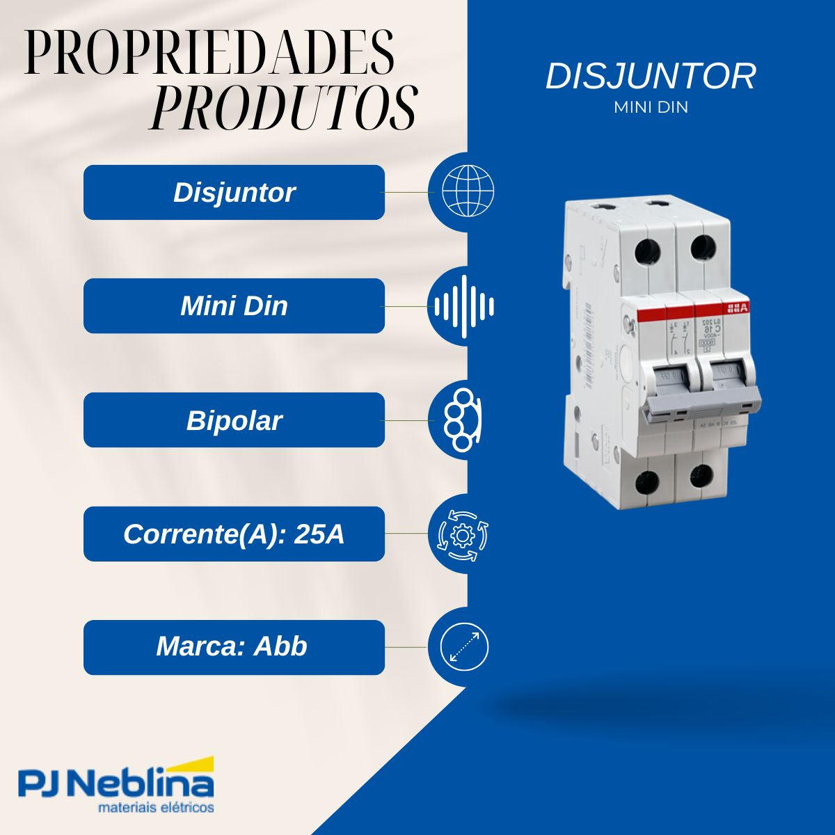 Disjuntor Mini Din Bipolar 25A Curva C 6Ka 400V - Abb