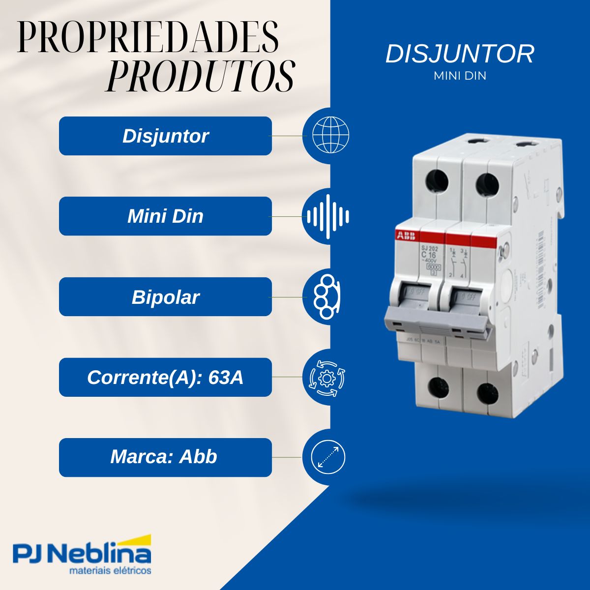 Disjuntor Mini Din Bipolar 63A Curva C 6Ka 400V - Abb