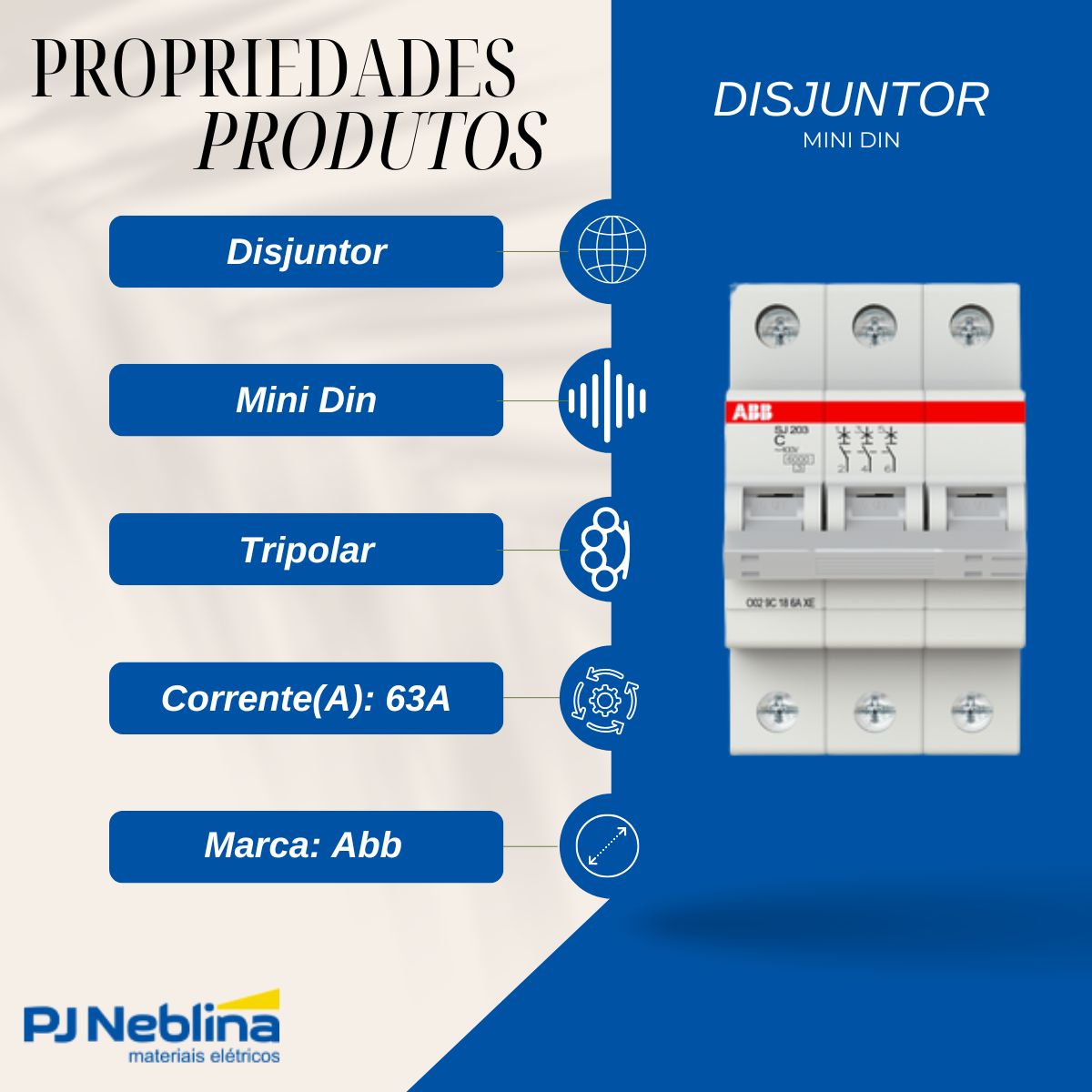 Disjuntor Mini Din Tripolar 63A Curva C 6Ka 400V - Abb