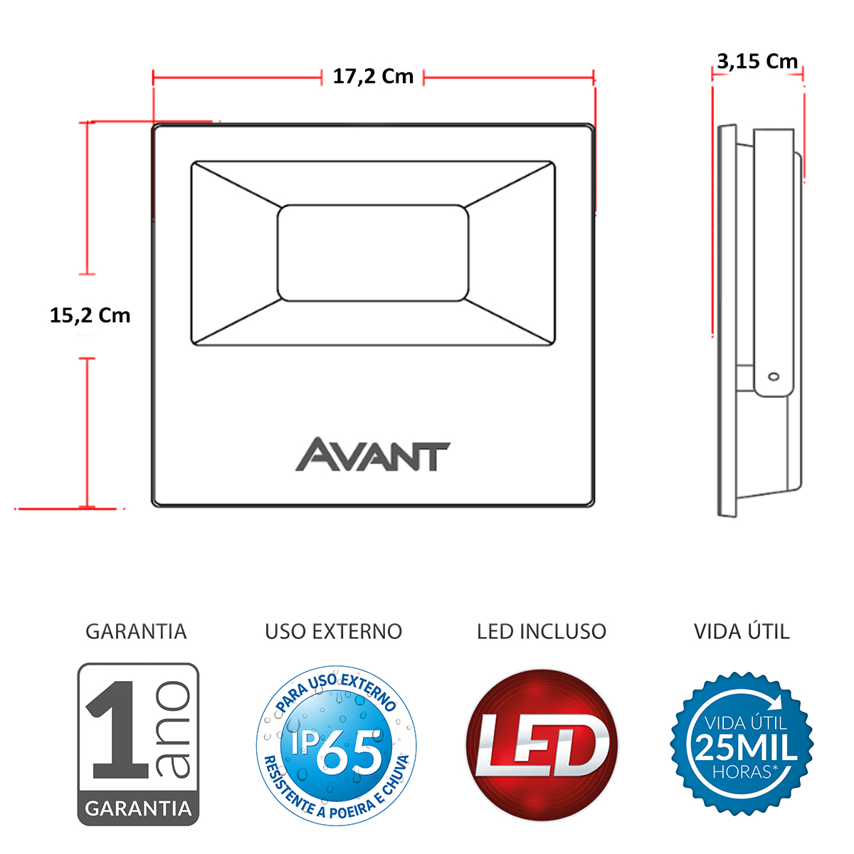 Luminária Refletor Led Retangular Preto 50W Bivolt Luz Neutra 4000K 3750Lm Difusor Vidro Temperado - Avant