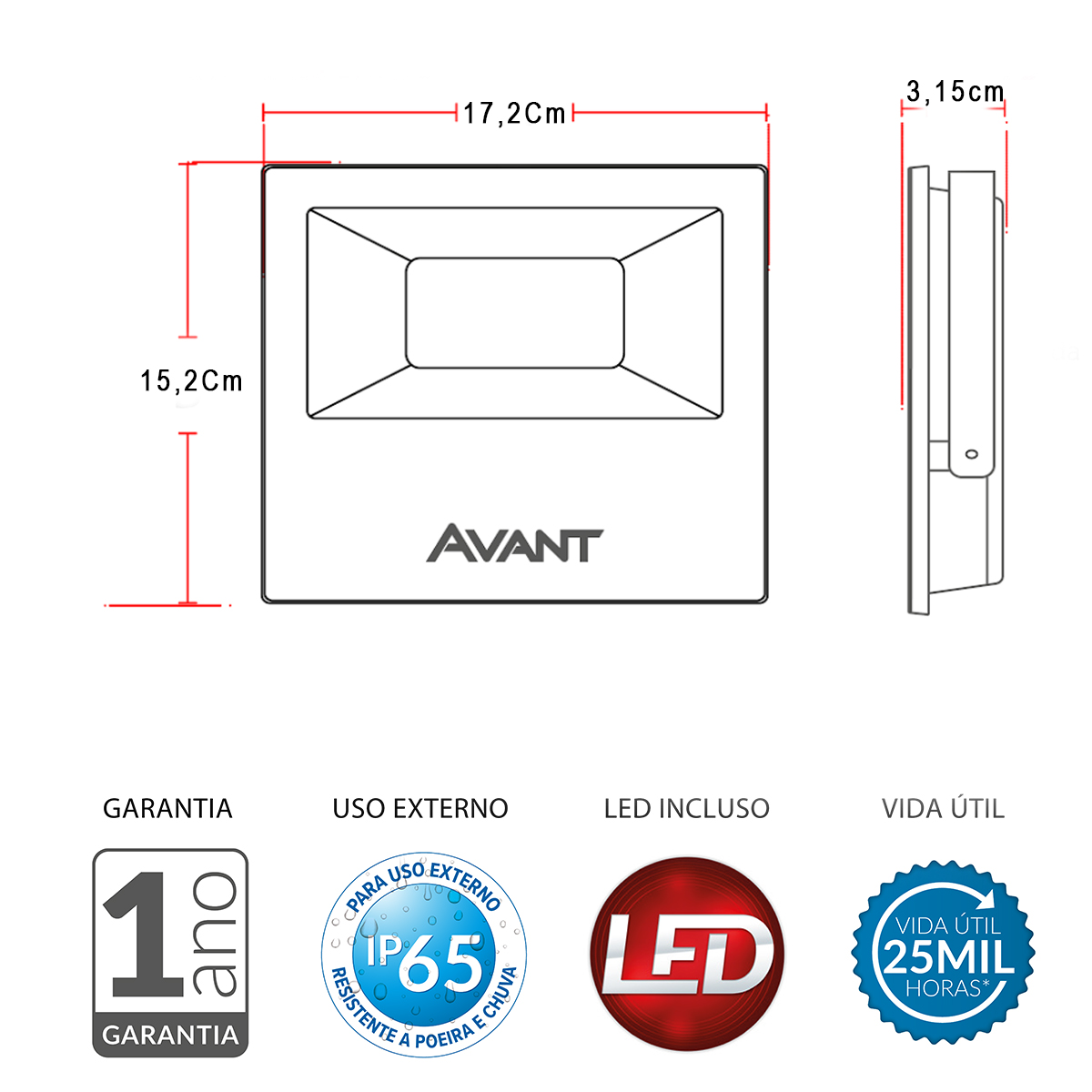 Luminária Refletor Led Retangular Preto 100W Bivolt Luz Amarela 3000K 7500Lm Difusor Vidro Temperado - Avant