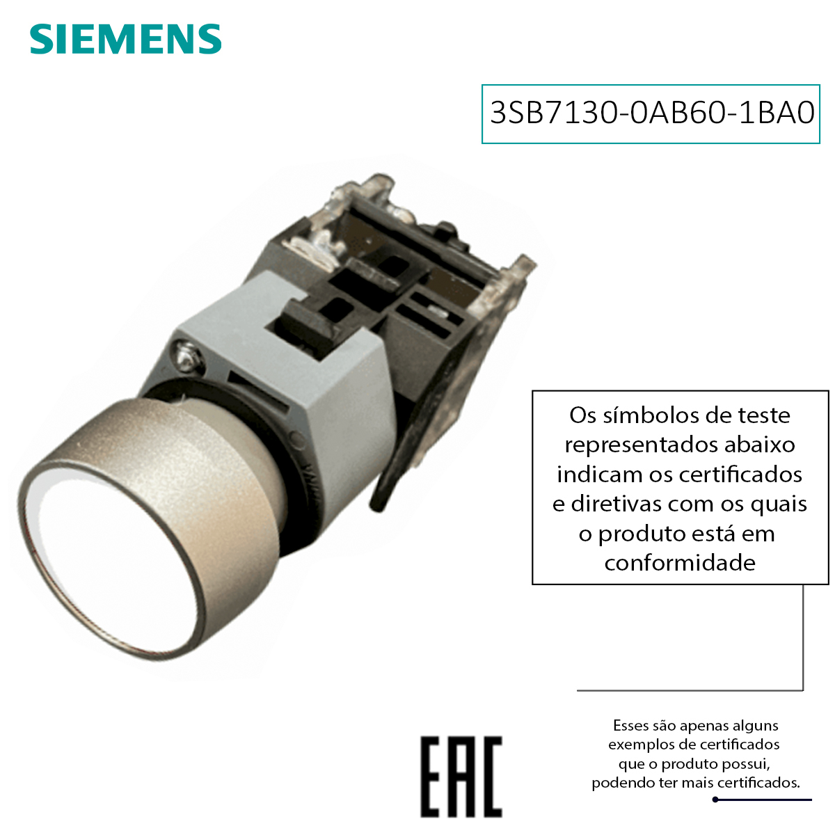 Botão Comando Pulsador Faceado Redondo 22Mm Plástico Branco 1Na 3SB71300AB601BA0 - Siemens