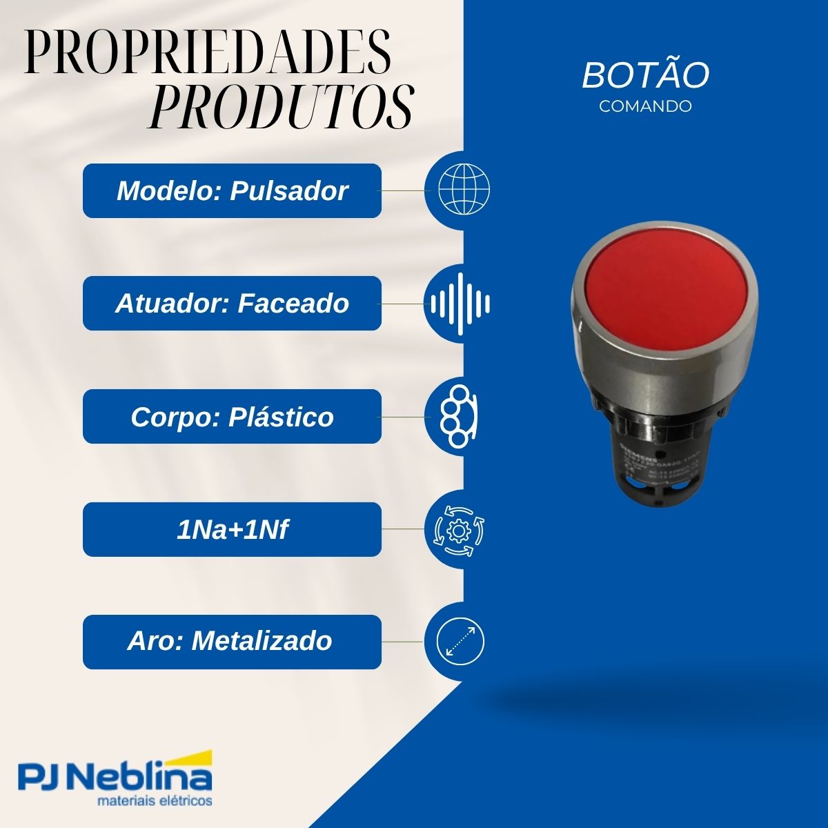 Botão Comando Pulsador Faceado Redondo 22Mm Plástico Vermelho 1Na+1Nf - Siemens