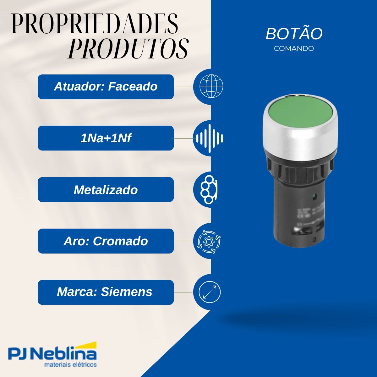 Botão Comando Pulsador Faceado Redondo 22 mm Plástico Vd 1Na+1Nf - Siemens