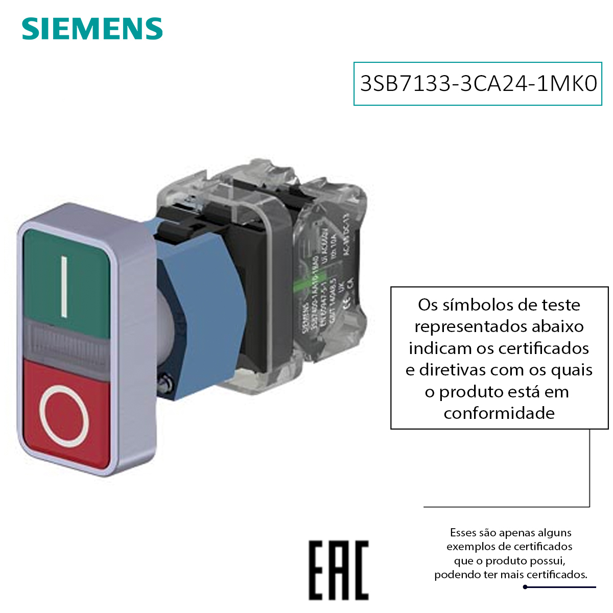 Botão Comando Pulsador Faceado Iluminado Retangular 22Mm Plástico Verde/Vermelho 1Na+1Nf Led 24Vca/Cc (I/O) 3SB71333CA241MK0 - Siemens