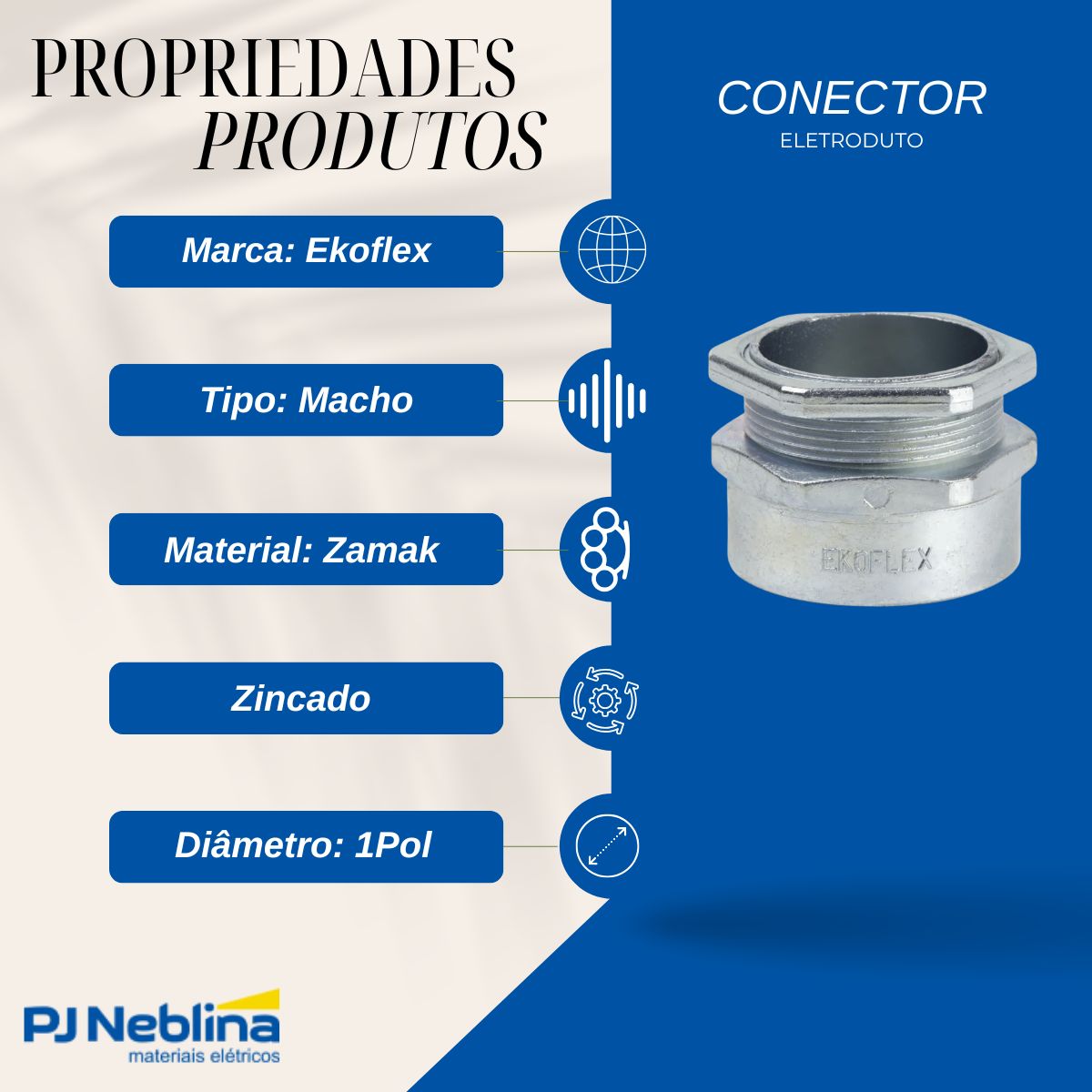 Conector Eletroduto Macho Zamak Zincado 1Pol Bsp Reto Fixo - Ekoflex