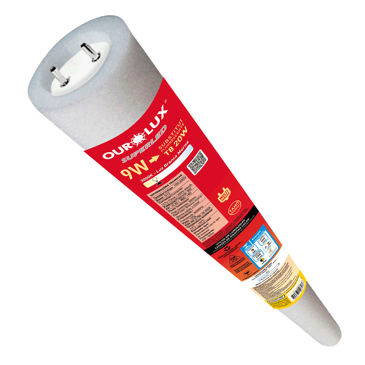 Lampada Led Tubular T8 9w Bivolt G13 3000k Branco Quente Luz