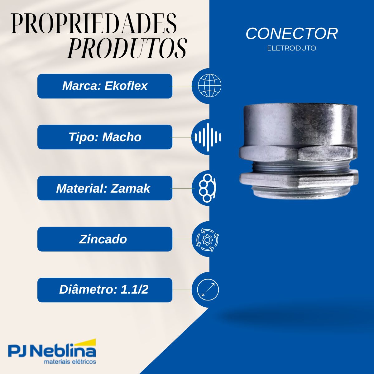 Conector Eletroduto Macho Zamak Zincado 1.1/2 Bsp Reto Fixo - Ekoflex
