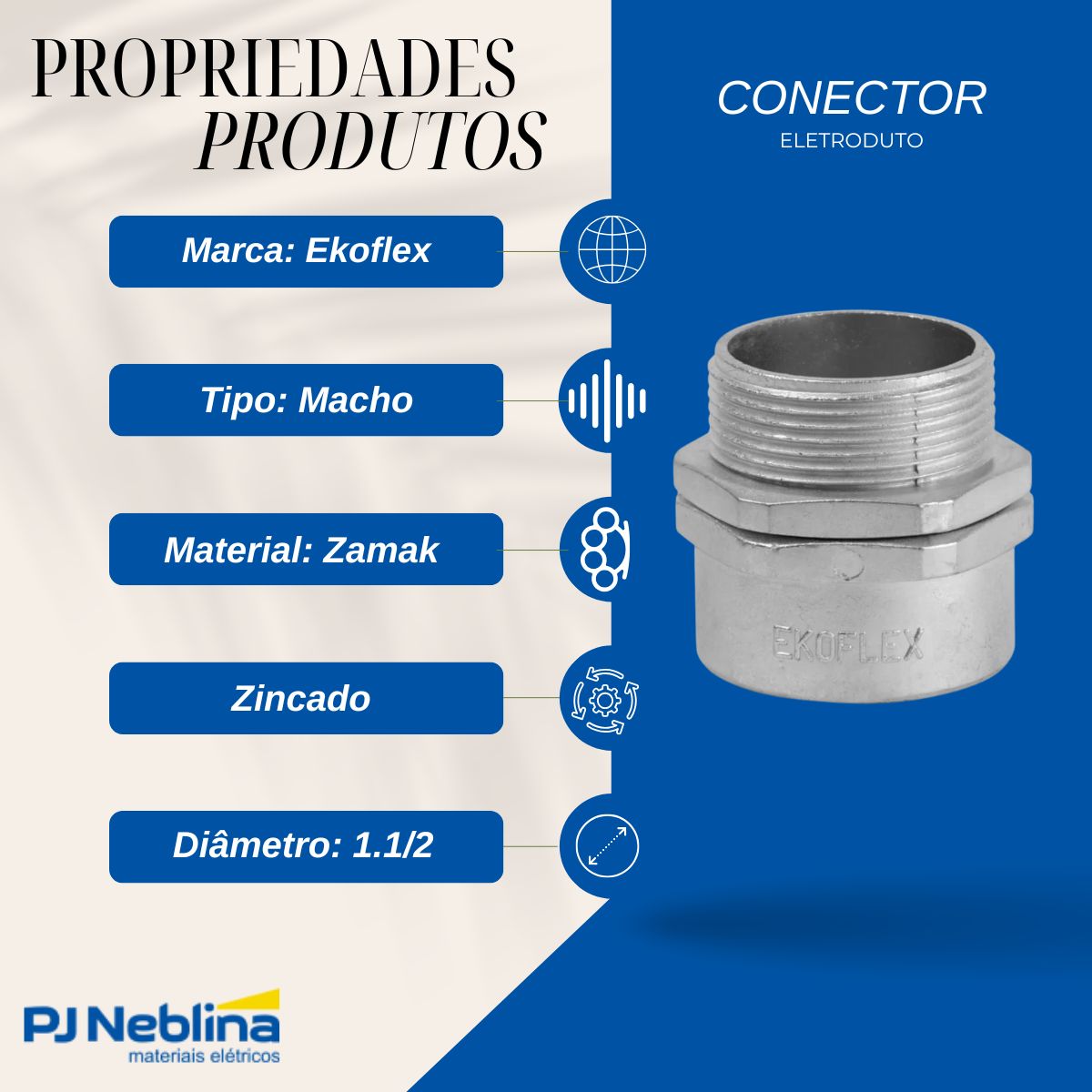 Conector Eletroduto Macho Zamak Zincado 1.1/2 Bsp Reto Giratório - Ekoflex